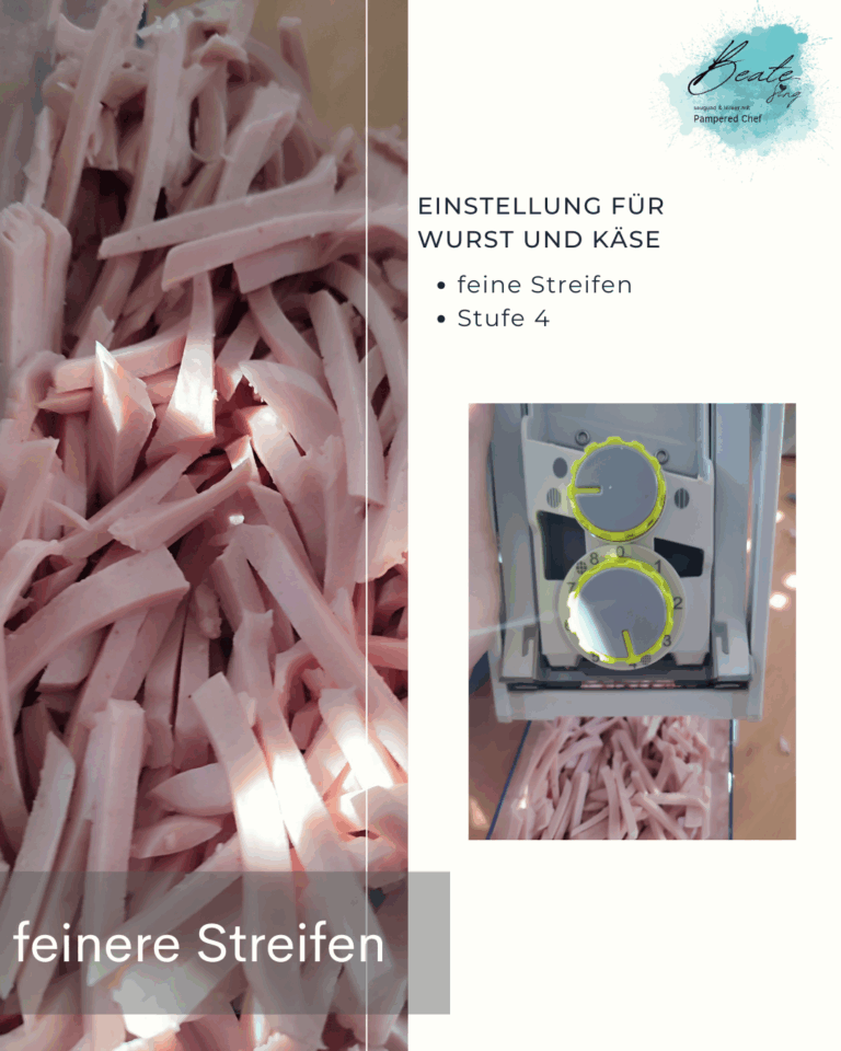 Einstellung der Mandoline für Wurst und Käse - feinere Scheiben